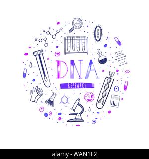 Vector Illustration, Poster mit Ausrüstung für DNA-Tests, Forschung und hand Schrift gezeichnet. Konzeption für chemische, biologische und medicina Stock Vektor