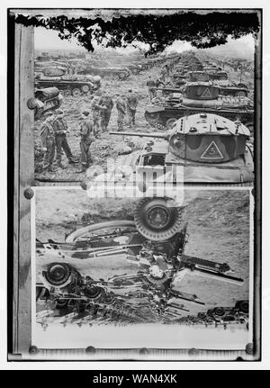 Kopie Foto von Panzern und Soldaten (oben); Kopie Foto von artilleriewaffen (unten) Stockfoto