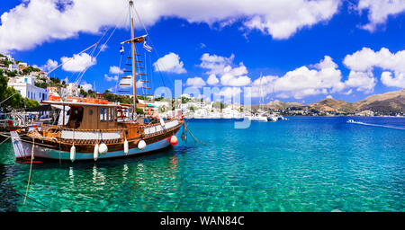 Traditionellen Fischerboot in Agia Marina Village, Leros, Dodekanes, Griechenland. Stockfoto