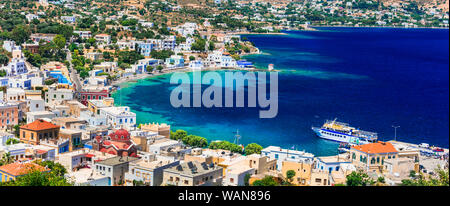 Schöne Agia Marina Village, Panoramaaussicht, Leros, Griechenland. Stockfoto