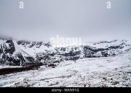 Montenegro, Durmitor Hochland und Bergmassiv versteckt sich in den weißen Nebel cloudscape in Nationalpark Natur Landschaft bedeckt von Schnee in der Nähe von zabljak Stockfoto