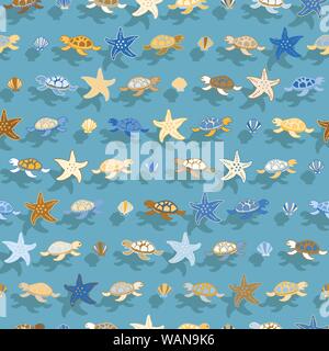 Seesterne, Meeresschildkröten und Seashell bunte nahtlose Muster Stock Vektor