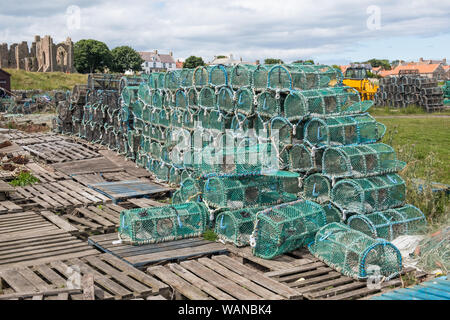 Fishermens' Hummer und Krabben Töpfe in ordentliche Haufen auf der heiligen Insel von Lindisfarne in Northumberland, Großbritannien Stockfoto