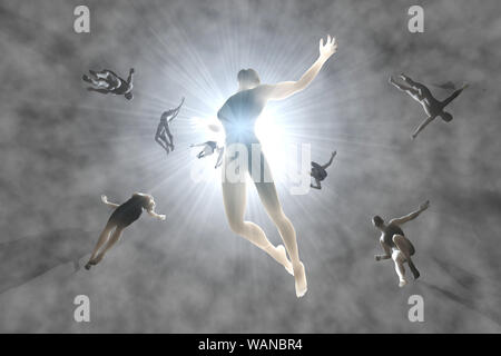 Gerenderten 3D-Abbildung der Seelen von Verstorbenen Menschen strömen in das weiße Licht und jenseits des Himmels. Stockfoto