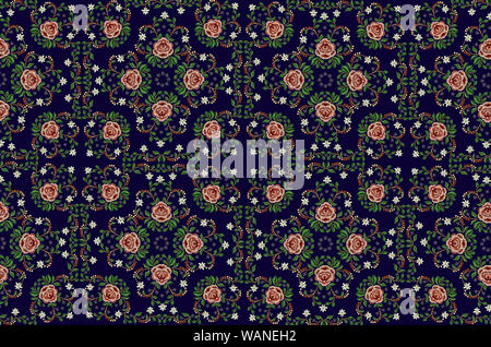 Nahtlose blauen Hintergrund von Stickerei Blumensträuße mit rosa und weißen Blüten und Blätter Stockfoto