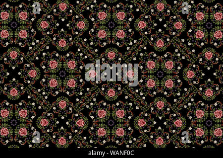 Nahtlose schwarzen Hintergrund von Stickerei Blumensträuße mit rosa und weißen Blüten und Blätter Stockfoto