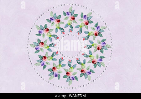 Kreismuster aus Blumensträuße Rosen bestickt Französisch eine Schlinge Stockfoto