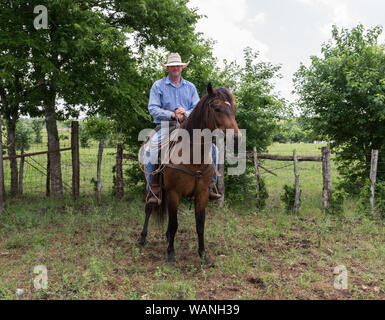 Cowhand Craig Bauer, auf seinem Pferd, Spaghetti, an der 1.800-acre Lonesome Pine Ranch, eine working Cattle Ranch, die Teil des Texas Ranch Leben Ranch Resort in der Nähe von Chappell Hill im Austin County, Texas Stockfoto