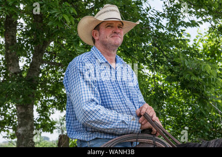 Cowhand Craig Bauer, auf seinem Pferd, Spaghetti, an der 1.800-acre Lonesome Pine Ranch, eine working Cattle Ranch, die Teil des Texas Ranch Leben Ranch Resort in der Nähe von Chappell Hill im Austin County, Texas Stockfoto