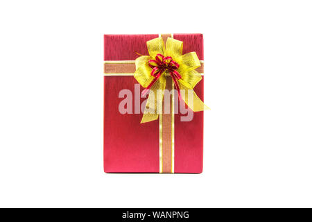 Weihnachten Silvester feiern Dekorationen Konzept - Rot und Farbband gold Geschenke und Dekoration Elemente auf weißem Hintergrund. Stockfoto