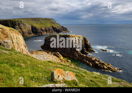 Meer Sparsamkeit auf Feld schräg auf den Atlantischen Ozean mit Enys Dodnan rock Arch und Pordenack Punkt bei Land's End in Cornwall England Stockfoto