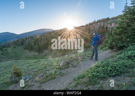 Eine weibliche Wanderer Haltestellen auf dem Weg nach Mount Chapin im Sunrise im Rocky Mountain National Park, Colorado. Stockfoto