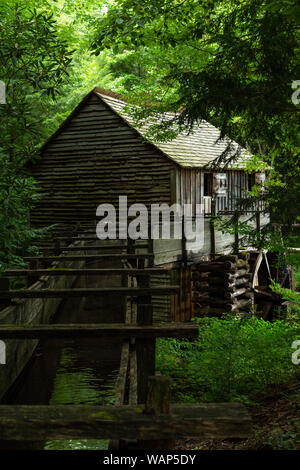 Wasserrad und alte Mühle in den Wald. Cades Cove, Smoky Mountains National Park, Tennessee Stockfoto