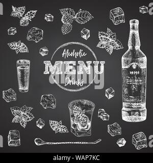 Jahrgang hand gezeichnete Skizze design bar, restaurant, cafe Abdeckung Menü auf Schwarze Kreide bord Hintergrund. Grafik Vektor kunst Whisky mit Eis und Minze Stock Vektor