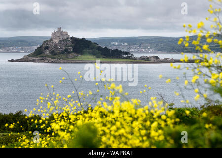 St Michael's Mount tidal Island in Mounts Bay von perranuthnoe Cornwall England mit gelben Bedstraw und entfernten Hafen von Penzance und lange Rock Beach Stockfoto