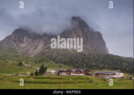 Die Sella Pass (Sellajoch/Passo di Sella) bei schlechtem Wetter. In Südtirol, Italien. Stockfoto