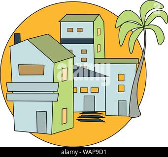 Meer Häuser mit Palme. Flache Vector Illustration. Stock Vektor