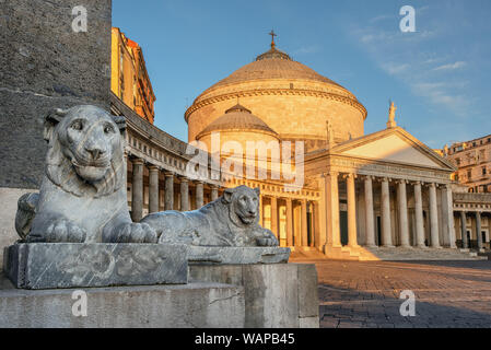 Neapel, Italien, Ansicht der Basilika Reale Pontificia San Francesco Da Paola Kirche auf der Piazza del Plebiscito, dem wichtigsten Platz der Stadt, und steinernen Löwen sculp Stockfoto