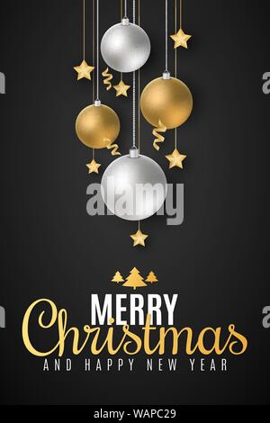 Plakat für frohe Weihnachten und ein glückliches Neues Jahr. Weihnachten Konzept. Festliche Bälle, goldene Sterne und Serpentine. Grußkarte. Schönen Schriftzug. Vect Stock Vektor