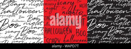 Happy Halloween. Handschriftliche Beschriftung Muster für Halloween. Die Phrase in schwarz auf weißem Hintergrund. Verwenden Sie für Postkarte, Karte, Seite etc. Stock Vektor