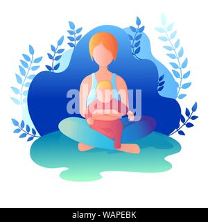 Mutter und Kind sitzen im Lotussitz. Vector Illustration im flachen Stil. Stock Vektor