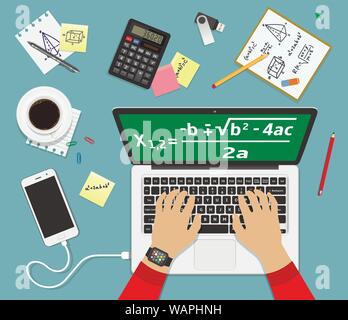 African American College Student löst mathematische Formel auf dem Laptop Bildschirm. Flache design Vector Illustration Konzept. Stock Vektor