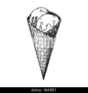 Realistische Skizze in einer Waffel Kegel. Vector Illustration in Skizze Stil. Stock Vektor