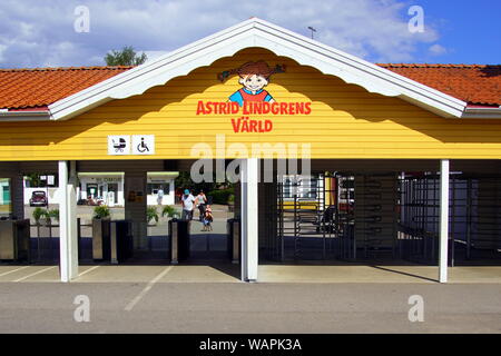 Vimmerby, Smaland, Schweden - August 2, 2019: Öffentliche Eingang des Schwedischen Freizeitpark Astrid Lindgrens Welt. Stockfoto