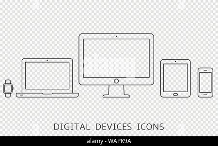 Vektor einrichten der Umrisse Gerätesymbole. Monitor, Laptop, Tablet PC und Smartphone auf transparentem Hintergrund isoliert Stock Vektor