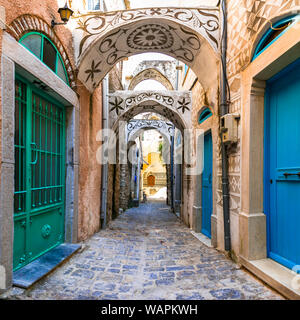 Alten Straßen von pyrgi Village, Insel Chios, Griechenland Stockfoto