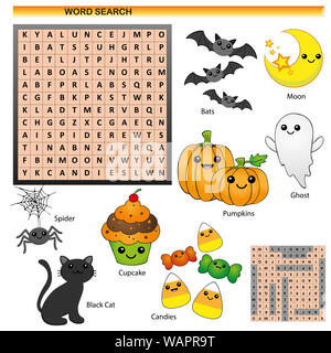 Wort Suche mit Halloween kawaii Theme für Kinder in Englisch Stockfoto