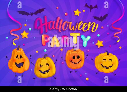 Halloween Party Banner für Kinder für Happy Holiday mit Monster Kürbis, Fledermaus, Spinnen und Konfetti auf sunburst Hintergrund. Vorlage für Web, Poster, Fliegen Stock Vektor