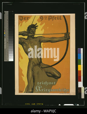 Der 9te Miura, zeichnet Kriegsanleihe Abstract: Plakat zeigt einen Mann, von Flammen umgeben, gebietsübergreifende ein Rock und zeigen sie mit einem Pfeil und Bogen in die Ferne. Text ermutigt die Menschen, an die Neunte Krieg Darlehen zu abonnieren. Stockfoto