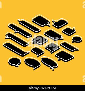 Satz von Sprechblasen in verschiedenen Formen, auf einem gelben Hintergrund. Flache isometrische 3D-Stil, Vektor, Abbildung Stock Vektor