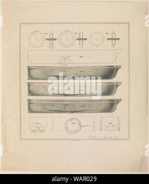 Konstruktionszeichnungen für Schaufelrad dampfer Abstract: Design der Seite rad Dampfgarer, Mechanismus, Seitenansicht und Querschnitt in 10 Figuren. Stockfoto