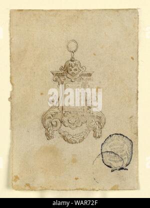 Zeichnung, Design für einen Anhänger mit Blatt Voluten und Kopf, 16. Jahrhundert Stockfoto