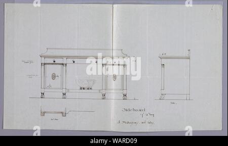 Zeichnung, Design in drei Ansichten für Mahagoni und Inlay Sideboard, 1900-05 Stockfoto