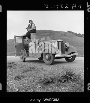 Dorothea Lange, Wiederansiedlung Verwaltung Fotograf, in Kalifornien; Englisch: Dorothea Lange, Wiederansiedlung Verwaltung Fotograf und sitzt auf einem Ford Modell 40 in Kalifornien. In ihrem Schoß ist ein graflex 4×5-Serie D-Kamera. Stockfoto