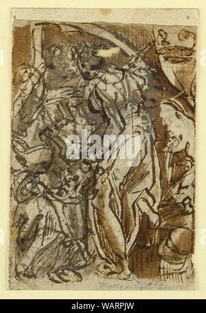 Zeichnung, Seite eines Skizzenbuch; Judith mit dem Kopf des Holofernes und Wappenschild mit der griechischen Götter, Ca. 1590 Stockfoto