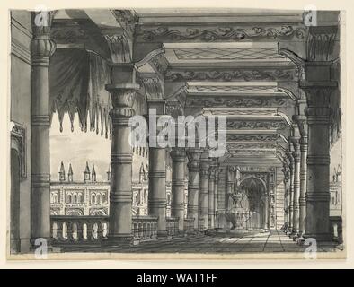 Zeichnung, Bühne, Loggia mit Springbrunnen in einem orientalischen Palast, 1828 Stockfoto