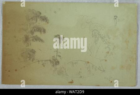 Zeichnung, Studien der Bäume mit Details aus Bambus und ein kleines Detail von einem Mann, der Bananen auf seinem Kopf, Bellevue, Jamaika, August 1865 Stockfoto