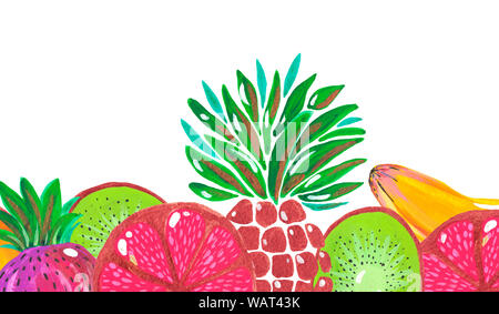 Banner Abbildung von Hand bemalt Acryl- und Gouachefarben. Banner saftige Früchte exotische Früchte Ananas Banane kiwi Erdbeer Grapefruit auf weißem Hintergrund. Stockfoto