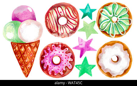 Aquarell von Hand bemalt Set der süssen Donuts und Eis LUTSCHER Stern. Drucken für Stoff- oder Digital Scrapbook Papier Stockfoto