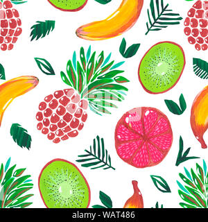 Nahtlose Muster. Abbildung: handgemalt Acryl- und Gouachefarben. Exotische Früchte Ananas Banane kiwi Grapefruit tropische Blätter auf weißem Hintergrund. Stockfoto