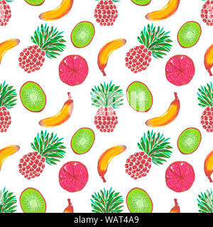 Nahtlose Muster. Abbildung: handgemalt Acryl- und Gouachefarben. Exotische Früchte Ananas Banane kiwi Grapefruit auf weißem Hintergrund. Design für digitale Stockfoto