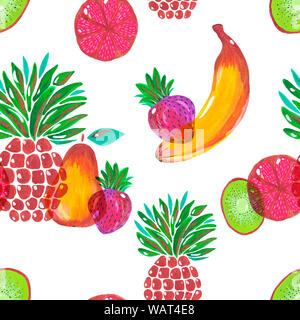 Nahtlose Muster. Abbildung: handgemalt Acryl- und Gouachefarben. Exotische Früchte Ananas Banane kiwi Grapefruit Erdbeere Birne auf weißem Hintergrund. Des Stockfoto