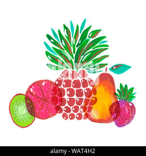 Abbildung: handgemalt Acryl- und Gouachefarben. Einstellen der exotischen Früchte Ananas, Kiwi, Grapefruit Erdbeeren Birnen auf einem weißen Hintergrund. Stockfoto