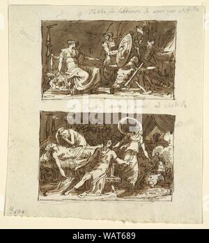 Zeichnung, Thetis in der Werkstatt von Hephaistos, Thetis, die die Rüstung Achilles - zwei Designs für Deckenplatten in der Galeria d'Iliade, Palazzo Milzetti, Faenza, 1802-05 Stockfoto
