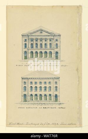 Zeichnung, zwei Erhöhungen der Fassaden der Park Theatre, New York, Ca. 1821 Stockfoto