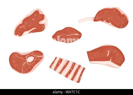 Satz von rotem Fleisch schneidet. Vector Illustration. Weißer Hintergrund. Stock Vektor